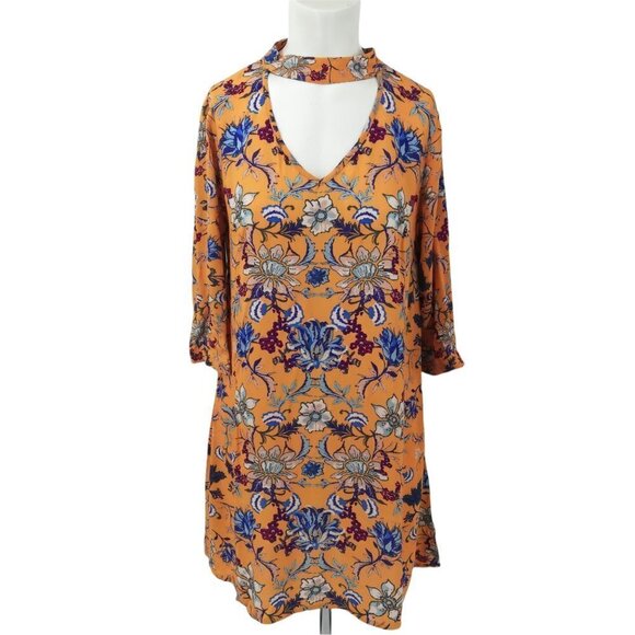 Xhiliration Floral Boho Dress Size S Keyhole Shift Trapeze Yellow Fall A-Line - Picture 1 of 12